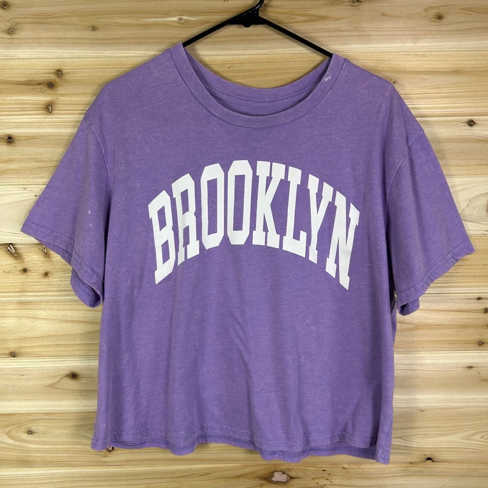 Rebellious One Brooklyn T-Shirt Womens Free Size Purple Mineral Wash Cropped